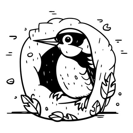 Vector illustration of a cute cartoon woodpecker in a hole.のイラスト素材