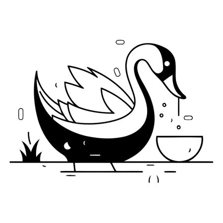 Swan and bowl of soup. Vector illustration in flat line style.のイラスト素材