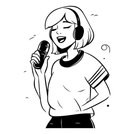 Young woman singing karaoke with microphone. Vector illustration in cartoon style.のイラスト素材