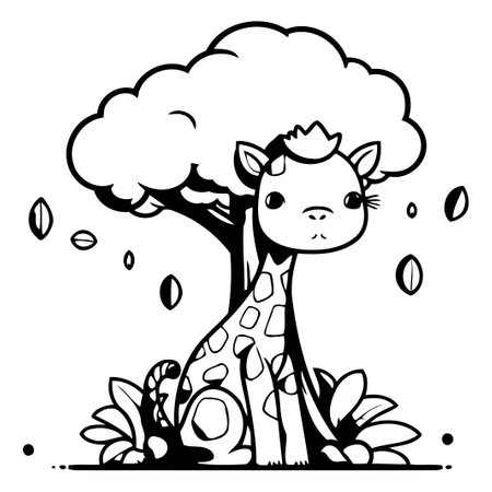 Cute cartoon giraffe sitting in the jungle. Vector illustration.のイラスト素材