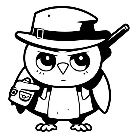 Cute Owl in Hat with Gun Cartoon Mascot Character Illustrationのイラスト素材