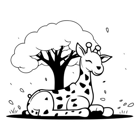 Cartoon giraffe sitting under a big tree. Vector illustration.のイラスト素材