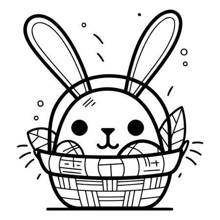 Easter bunny in basket with eggs. Vector illustration in cartoon style.のイラスト素材