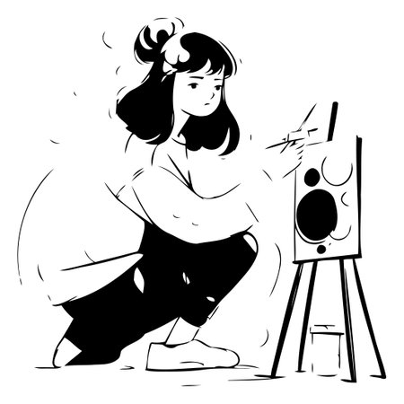 Artist girl painting a picture with oil paints. Vector illustration in cartoon styleのイラスト素材