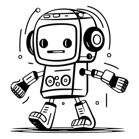 Cute cartoon robot with headphones. Vector illustration of a robot.のイラスト素材