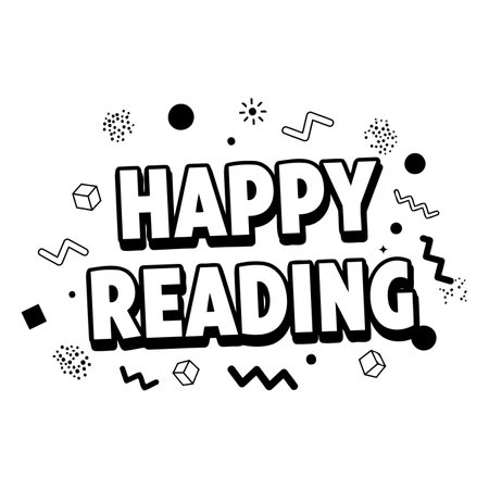 Bold, stylized "Happy Reading" graphic with a pop art/comic book style.  Use of geometric shapes and patterns creates a playful, encouraging vibe.  Suitable for book clubs, children's products, and educational materials.のイラスト素材