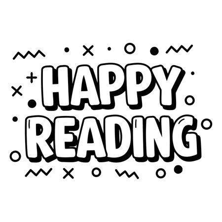 Bold, playful typography with "Happy Reading" in a stylized comic sans font.  Simple, graphic design elements add a fun, youthful aesthetic. Suitable for children's books, educational resources, or encouraging messages in advertising.のイラスト素材