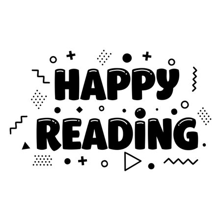 Bold, playful typography with "Happy Reading" in a 3D-like font.  Graphic elements add a retro-modern aesthetic.  Suitable for children's books, educational materials, or motivational prints.のイラスト素材