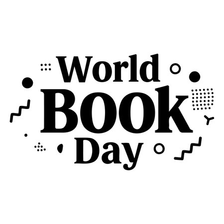 Bold, stylized text proclaims World Book Day.  Modern, graphic design elements (dots, zigzags) complement the typography.  Ideal for advertising campaigns, social media graphics, or educational materials.のイラスト素材