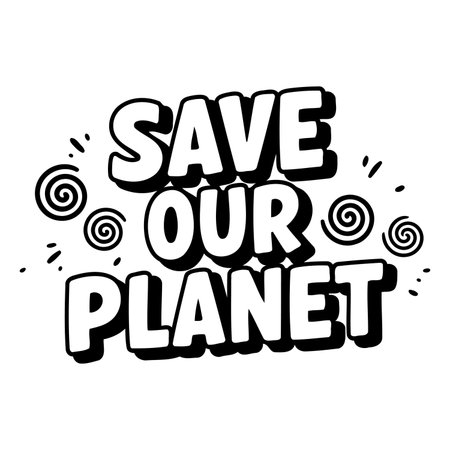 Bold, stylized text proclaims "SAVE OUR PLANET" in a comic-book-inspired font.  Simple, graphic elements of swirling circles add a playful, impactful feel. Ideal for environmental advocacy, social media graphics, or educational materials.のイラスト素材