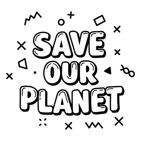 Bold, stylized typography proclaims "SAVE OUR PLANET" in a fun, playful, and impactful design.  Simple graphic elements surrounding the text create a retro-modern aesthetic.  Suitable for environmental awareness campaigns, posters, merchandise, and social media.のイラスト素材