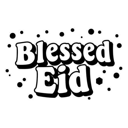Bold, stylized text "Blessed Eid" in a retro, cartoonish font against a plain white background with scattered dots.  Perfect for religious celebrations, greetings, or print media.のイラスト素材