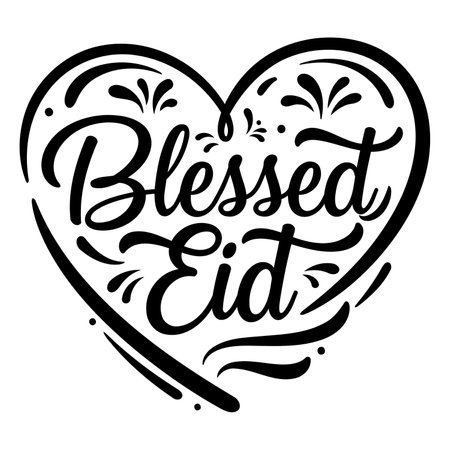 Heart-shaped graphic with "Blessed Eid" lettering in a stylized script font. Ornate embellishments and swirls. Ideal for religious holidays, celebrations, and print design.のイラスト素材