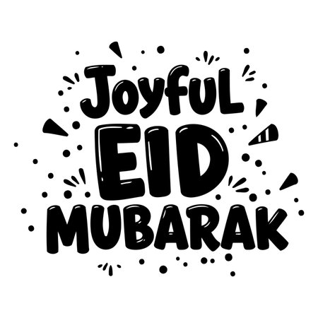 Bold, playful typography with "Joyful Eid Mubarak" message.  Cartoon-style lettering, fun decorative elements. Suitable for advertising, greeting cards, social media.のイラスト素材