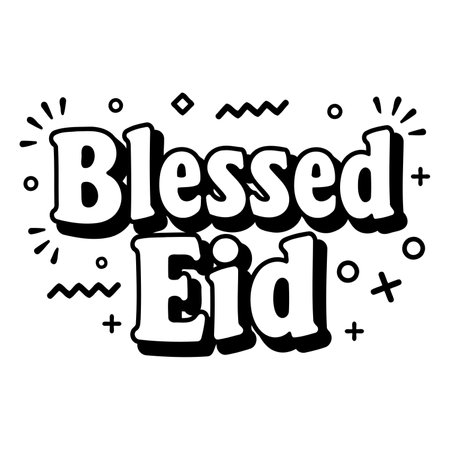 Bold, stylized typography featuring "Blessed Eid" in a fun, cartoonish font, with decorative graphic elements. Ideal for advertising or editorial content related to Islamic celebrations.のイラスト素材