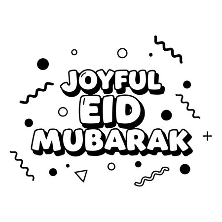 Bold, stylized typography with "Joyful Eid Mubarak" in a 3D-like effect, set against a white background with abstract shapes.  Suitable for advertising or editorial use related to Eid celebrations.のイラスト素材