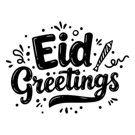 Bold, stylized lettering graphic of "Eid Greetings."  Hand-drawn, cartoonish style with decorative elements. Ideal for religious advertising, social media posts, or editorial content related to Eid celebrations.のイラスト素材