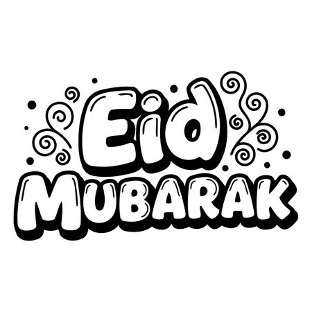 Bold, stylized lettering of "Eid Mubarak" with playful, cartoon-like font and swirling decorative elements.  Suitable for advertising, invitations, and social media graphics related to Eid celebrations.のイラスト素材