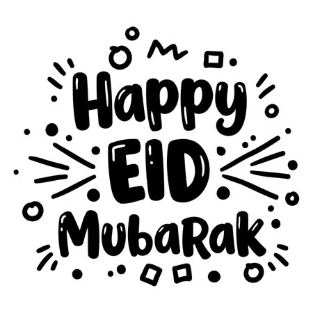 Playful, bold lettering graphic of "Happy Eid Mubarak."  Cartoon-style, festive design.  Suitable for Ramadan-themed advertising, social media, or greeting cards.のイラスト素材