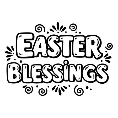 Bold, stylized lettering of "Easter Blessings" with decorative swirls and floral elements.  Ideal for Easter-themed advertising, greeting cards, or editorial pieces.のイラスト素材