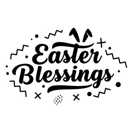 Stylish black and white Easter greeting featuring "Easter Blessings" in a bold, script font.  Graphic elements include rabbit ears and geometric shapes. Ideal for advertising, apparel, or social media posts related to Easter.のイラスト素材