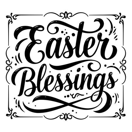 Black and white stylized lettering, "Easter Blessings," framed by decorative flourishes.  Ideal for Easter-themed advertising, cards, or editorial design.のイラスト素材
