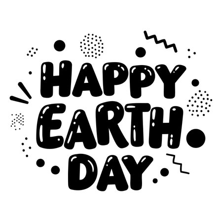 Bold, bubble-lettered "Happy Earth Day" graphic with playful, geometric shapes.  Suitable for environmental awareness campaigns, posters, or merchandise.のイラスト素材