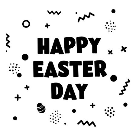 Bold, playful black text "HAPPY EASTER DAY" on a white background.  Modern, geometric shapes and patterns add a fun, contemporary aesthetic. Suitable for Easter-themed advertising, social media graphics, or print design.のイラスト素材