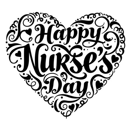 Black and white heart-shaped graphic design featuring the phrase "Happy Nurse's Day" in a decorative script font, ideal for print media, marketing materials, or digital use for Nurses Day celebrations.のイラスト素材