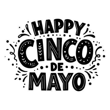 Bold, stylized lettering celebrating Cinco de Mayo.  Fun, decorative elements create a festive, hand-drawn aesthetic.  Ideal for advertising, greeting cards, or editorial related to Mexican culture.のイラスト素材