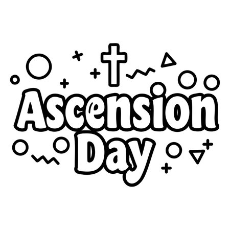 Bold, stylized lettering for Ascension Day, outlined in black.  Modern, graphic design with playful, geometric shapes.  Ideal for religious or calendar-themed advertising, social media graphics, or editorial content related to Christian holidays.のイラスト素材