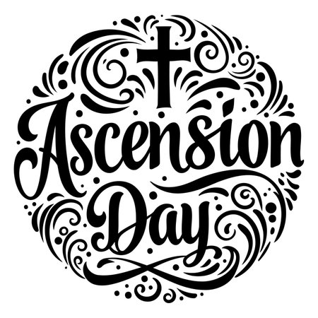 Elegant, decorative graphic design of "Ascension Day" with religious cross, perfect for religious marketing or education.  Use in posters, social media, or digital media.のイラスト素材