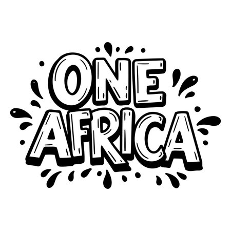 Bold, stylized lettering of "ONE AFRICA" with a textured 3D effect.  Abstract splatters create a dynamic feel. Suitable for motivational posters, social media graphics, or advertising campaigns related to African unity.のイラスト素材