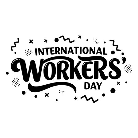 Bold, stylized lettering celebrating International Workers' Day.  Playful, graphic design elements enhance the message. Ideal for advertising, social media, or editorial related to labor, activism, or events.のイラスト素材
