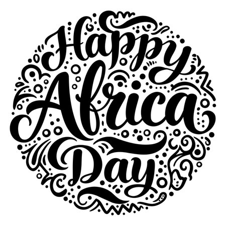 Bold, circular graphic of "Happy Africa Day" in stylized lettering.  Ornate, decorative elements surrounding the text.  Ideal for advertising campaigns, social media posts, or editorial use related to Africa.のイラスト素材