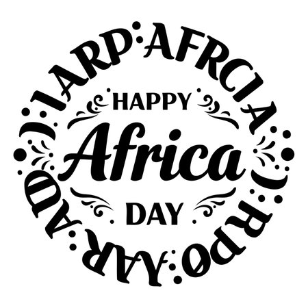 Bold, stylized typography with decorative flourishes creates a celebratory Happy Africa Day message.  Suitable for advertising, social media, and editorial content related to African culture and heritage.のイラスト素材