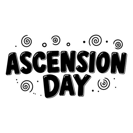 Bold, playful typography celebrating Ascension Day.  Whimsical swirls and dots add a touch of fun. Suitable for religious calendars, social media, or greeting cards.のイラスト素材