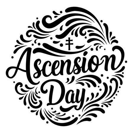 Ornate, circular design showcasing "Ascension Day" in stylized lettering.  Intricate decorative flourishes complement the text, creating a celebratory, religious graphic.  Suitable for advertising religious events, social media graphics, or editorial content related to Christian holidays.のイラスト素材