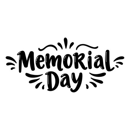 Black and white, bold typography design featuring the words "Memorial Day" with decorative flourishes. Ideal for patriotic and remembrance-themed marketing or editorial projects.のイラスト素材