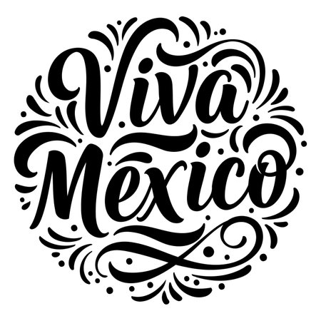 Circular, stylized lettering "Viva Mexico" with decorative flourishes.  Classic, bold typography suitable for celebratory or travel-related advertising, posters, merchandise.のイラスト素材