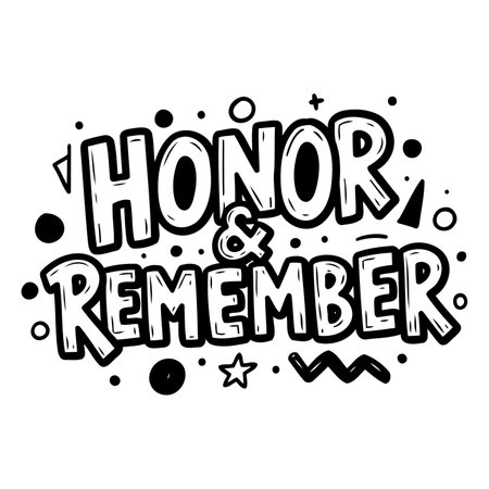 Bold, stylized lettering says "Honor & Remember" with playful, graphic elements.  Suitable for memorial, patriotic, or inspirational advertising/editorial use.のイラスト素材