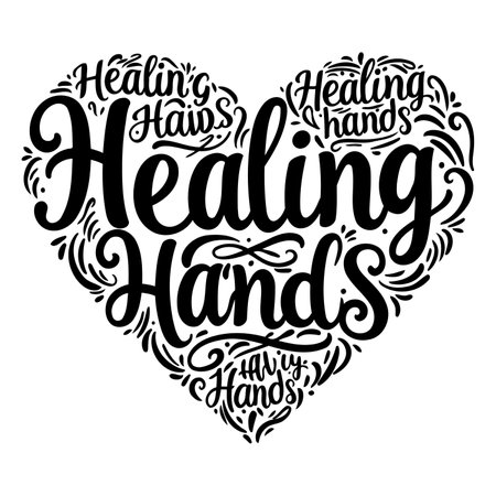 Heart-shaped design with the phrase "Healing Hands" in stylized lettering.  Ornate, decorative flourishes fill the heart shape. Ideal for wellness, self-care, or motivational advertising/editorial.のイラスト素材