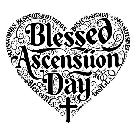 Heart-shaped design composed of stylized typography spelling out "Blessed Ascension Day".  Ornate lettering and swirls.  Suitable for religious advertising,  calendars, or editorial content related to Christian holidays.のイラスト素材