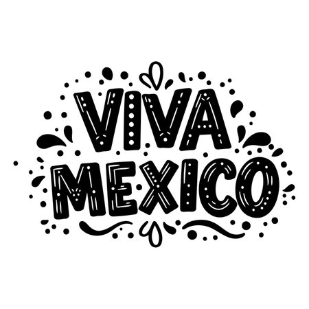 Bold, stylized lettering proclaiming "Viva Mexico" with decorative flourishes.  Perfect for advertising, social media, or editorial pieces related to Mexico, culture, celebration or tourism.のイラスト素材