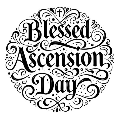 Elegant, ornate typography design featuring "Blessed Ascension Day" in a decorative, vintage style. Ideal for religious-themed advertising, editorial, or print design.のイラスト素材