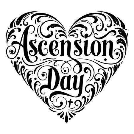 Elegant, ornate heart-shaped design featuring the words "Ascension Day" in a decorative script font. Ideal for religious or holiday-themed marketing materials or education.  Black and white.のイラスト素材