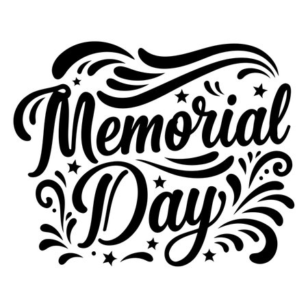 Bold, stylized lettering of "Memorial Day" with decorative flourishes.  Ideal for patriotic advertising, print, or editorial use.のイラスト素材