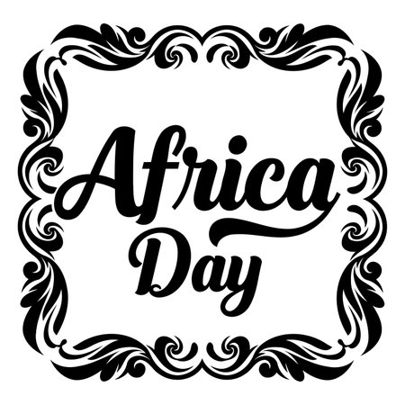 Black and white, ornate frame graphic showcasing "Africa Day" in a bold, vintage style.  Ideal for educational, celebratory, or awareness-raising marketing materials.のイラスト素材