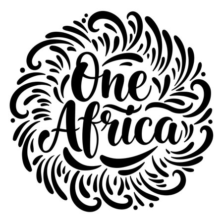 Black and white graphic design featuring the phrase "One Africa" in a stylized, hand-drawn font, surrounded by decorative floral swirls and patterns.  Suitable for advertising campaigns, motivational posters, or educational materials centered around Pan-Africanism or unity.のイラスト素材