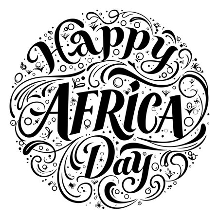 Whimsical, decorative typography featuring "Happy Africa Day" in a circular, ornate design.  Perfect for advertising or editorial content related to Africa.のイラスト素材